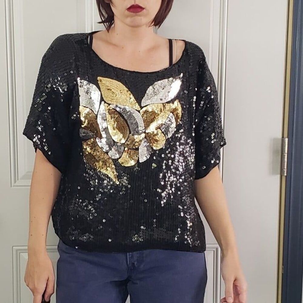 80s Deadstock Black‎ Sequin Silk Blouse
